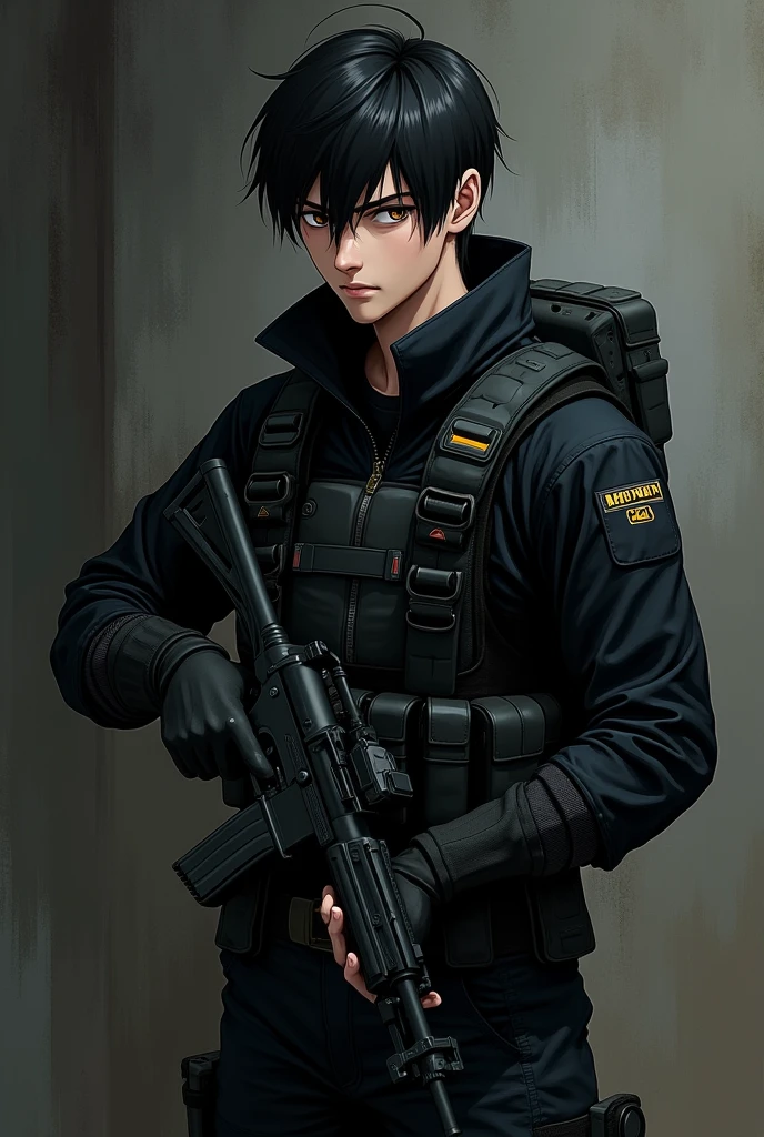 Anime young handsome man who is a serious soldier,hold a gun,wear black tactical outfit