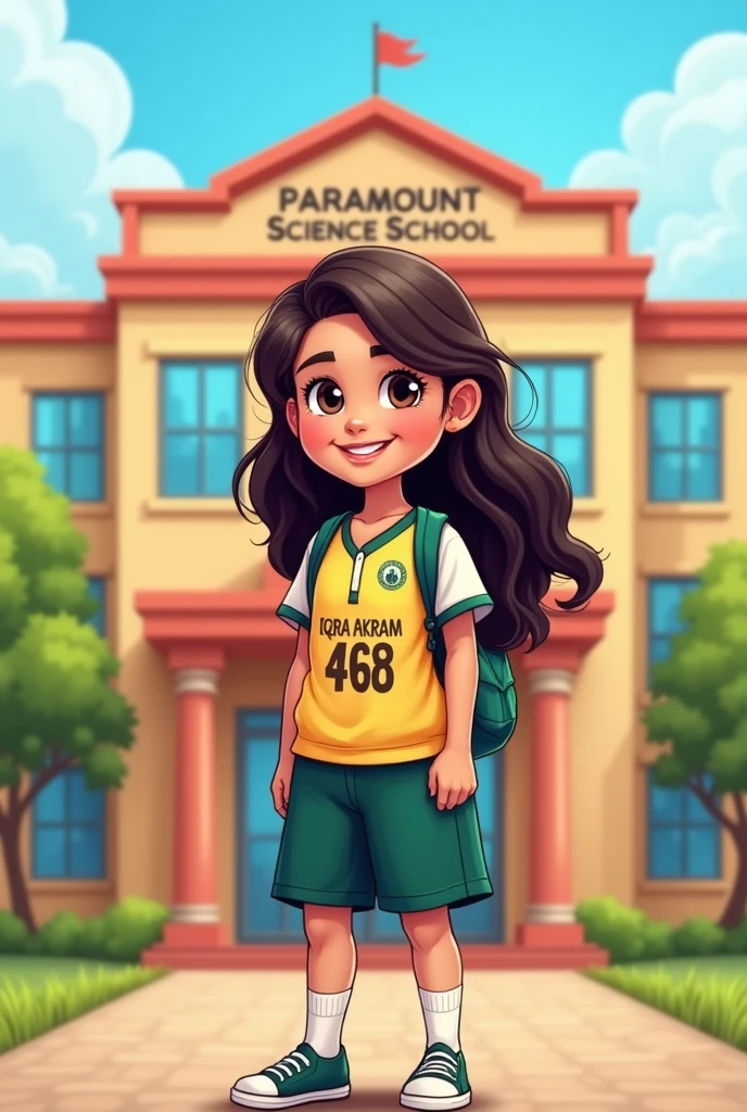 Pakistani school girl cartoon stand front of the school name the paramount science school.on his jersey's back prints Iqra Akram 468