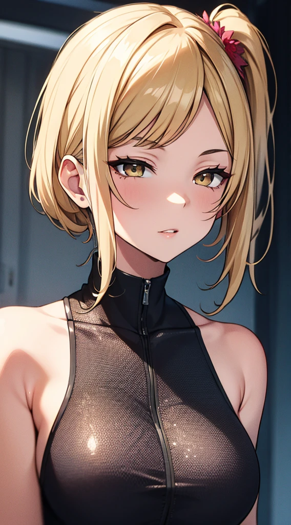 score_9, score_8_up, score_7_up masterpiece, Best Quality, Very detailed, ultra high resolution, idol catalyst, 1 girl, Alone, hazel eyes, hair ornament, ash blonde short hair, side ponytail, shiny lips BREAK