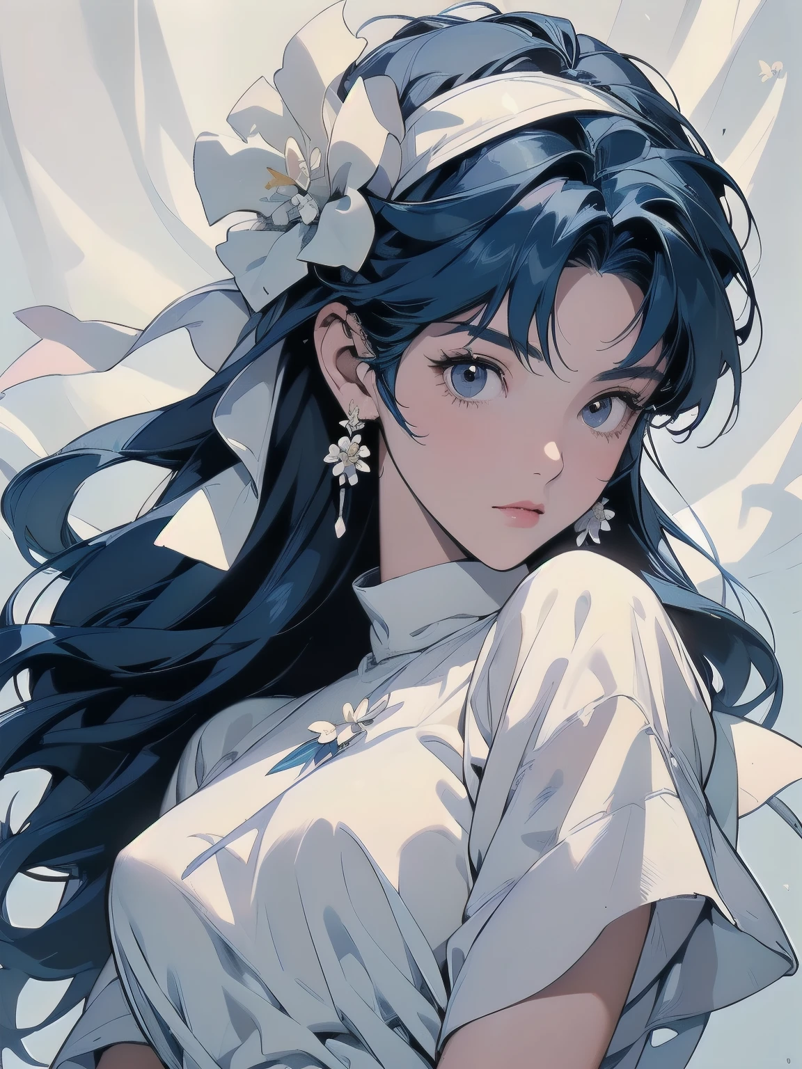 (((trigun)))、Persona、Beautiful woman, Upper Body、Model Pose、mysterious、Small breasts、Black Hair、Short sleeve、(((blue hair))),Lots of flowers、Angel、(((Wear a white cloth on your head)))、detailed hair, (((White flower)))、Fluffy cloth、Big white ribbon