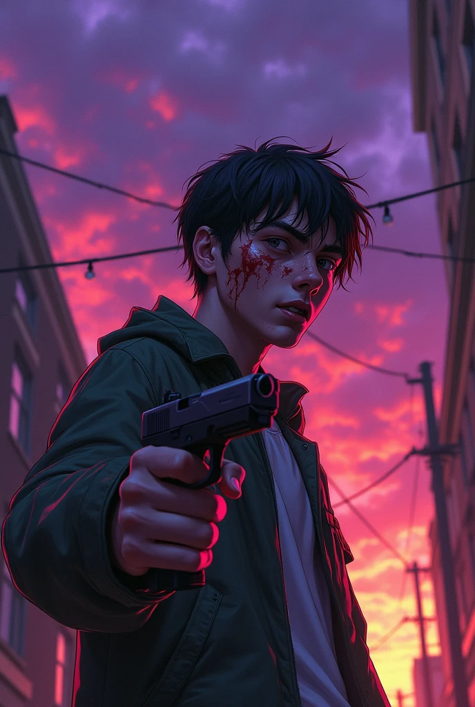 Angry innocent adult Boy broken totally modern pistol in his hand and face is full of blood shit in urban area evening time sky occur purple,pink and orange color