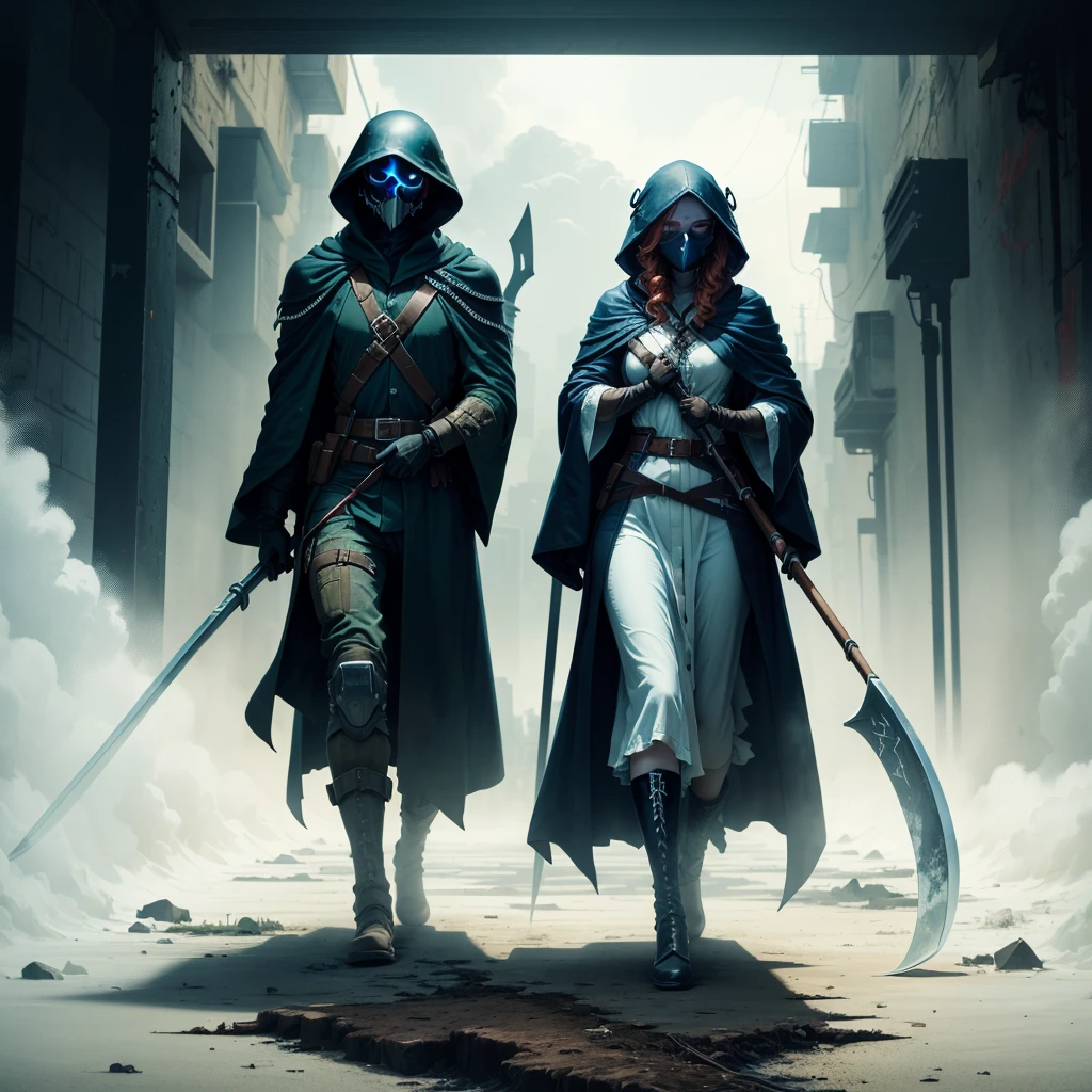 dark background, there is sadness all around, Yearning, sadness Beautiful Death with a scythe in a hood, long red hair, full length girl, Girl in a robe, Against the backdrop of the apocalypse, scythe in hands, there is a dead man underfoot, there are many soldiers in helmets behind