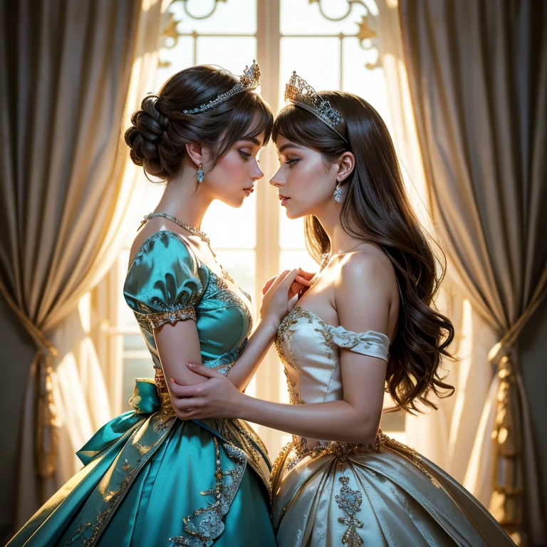 (masterpiece, best quality:1.5), highest quality, High resolution, super detailed, Realists, Upper body of the brunette princess, detailed and beautiful eyes, beautiful detailed lips, very detailed eyes and face, longeyelashes, Princess in short silver and turquoise dress made of shiny satin fabric, Beautiful and colorful makeup, elegant and noble々Pose,shiny crown and jewels, Royal gardens as background, soft daylight, bright colors, fine brushstrokes, Portrait style, Simple details in the dress fabric, beautiful color palette, glowing skin, First-class rendering, that captures every detail, enchanting atmosphere, subtle shadows and lights, (perfect anatomy:1.2), (Two stunning princesses are deeply in love:1.4), (kiss:1.2)