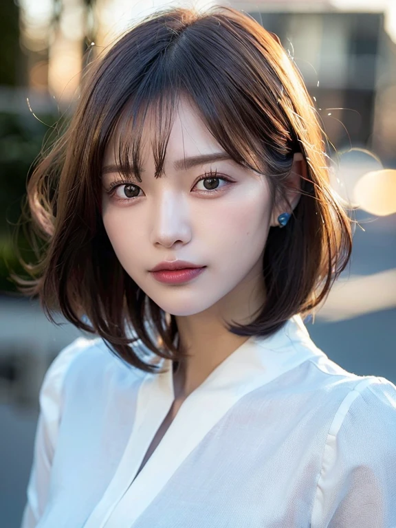 (Highest quality, 8k,32k, Masseter muscle area, Hmph:1.2), (close-up:1.2), (front face and body), solo girl, (Slim figure:1.2), (Lips), double eyelid, Glowing Skin, Realistic Layer, Beautiful face, Highly detailed face, (Disgruntled), (short hair:1.4),(realistic, photo-realistic:1.4), (extremely detailed 8k wallpaper), Fantasy art, Professional lighting, (Illuminate half of the model's face, creating dramatic chiaroscro effects:1.4), (blue Hour Light, backlighting:1.4), (White formal shirt:1.4), (at sunset:1.4), Blurred Background, (Front Focus), (dark:1.6)
