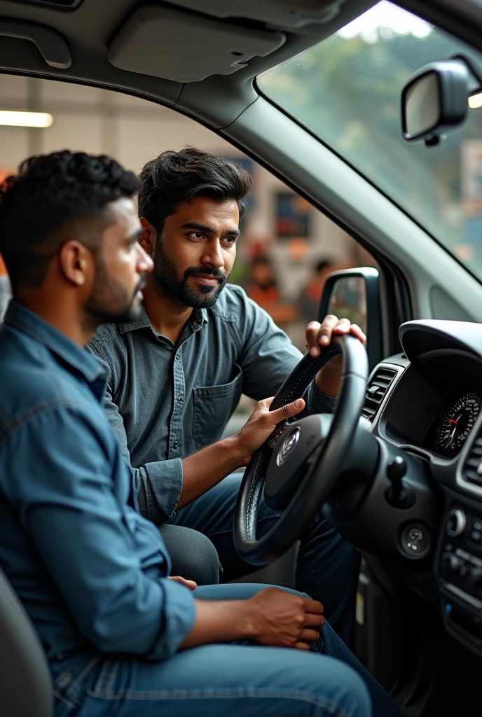 A group of 5 men who are watching their friend (an Indian man) give a new VW T5 steering wheel