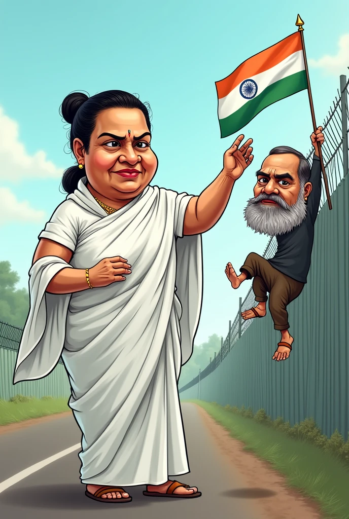 Mamta benergee in at bangladesh boarder wearing white saree and remove the bar hanging rope taken the bangladeshi man hanging over the fencing wire and show her hand to bangaladeshi man with big beard hand grab him over the fencing with mercy hand given him into the Indian boarder funny image cartoon character
This is the good image you provide more image provide please the man hanging from outer side please show fatty Mamta benergee
Look like a pure Mamta benergee face provide please shown indian and bangladeshi flag over the fencing yes same we need same charector of mamta bangaladeshi old man show outer side from the fencing Mamta in white Bengali saree