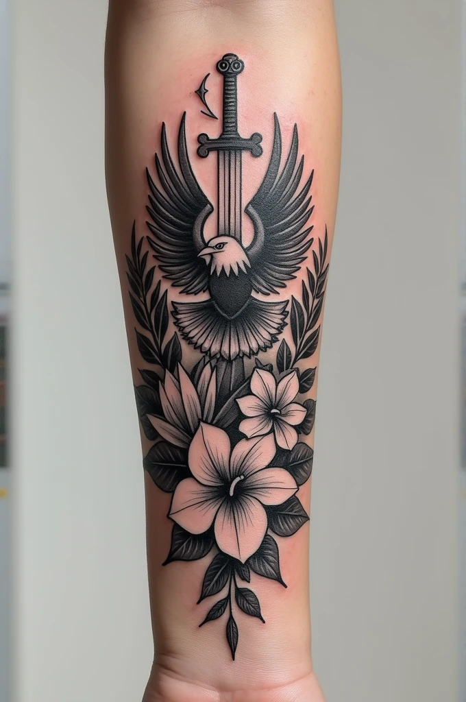 Hi, I want you to generate an image of a tattoo I want to get. I want the tattoo on my forearm, so it has to be a little small or fit in the space on my forearm. I want it to contain an eagle, olive branches, a sword, a hummingbird, a hibiscus flower and lilies (it's important that it has all the elements) and I would like the style of the tattoo to be in black and grey.