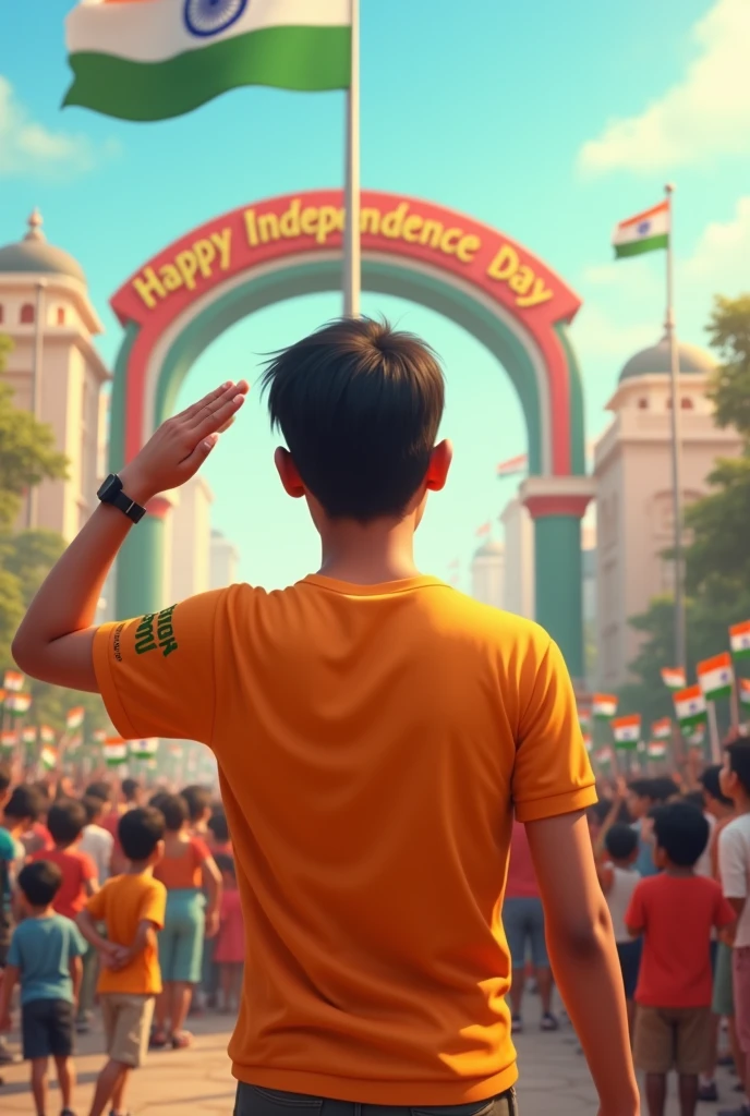In a bustling town square, 18-year-old Vikram salutes the Indian flag as it's being hoisted. He's wearing a saffron t-shirt with "Manish" embroidered in green on the sleeve. Around him, a diverse group of children wave small flags. A decorative arch in the background says "Happy Independence Day". 4K image.