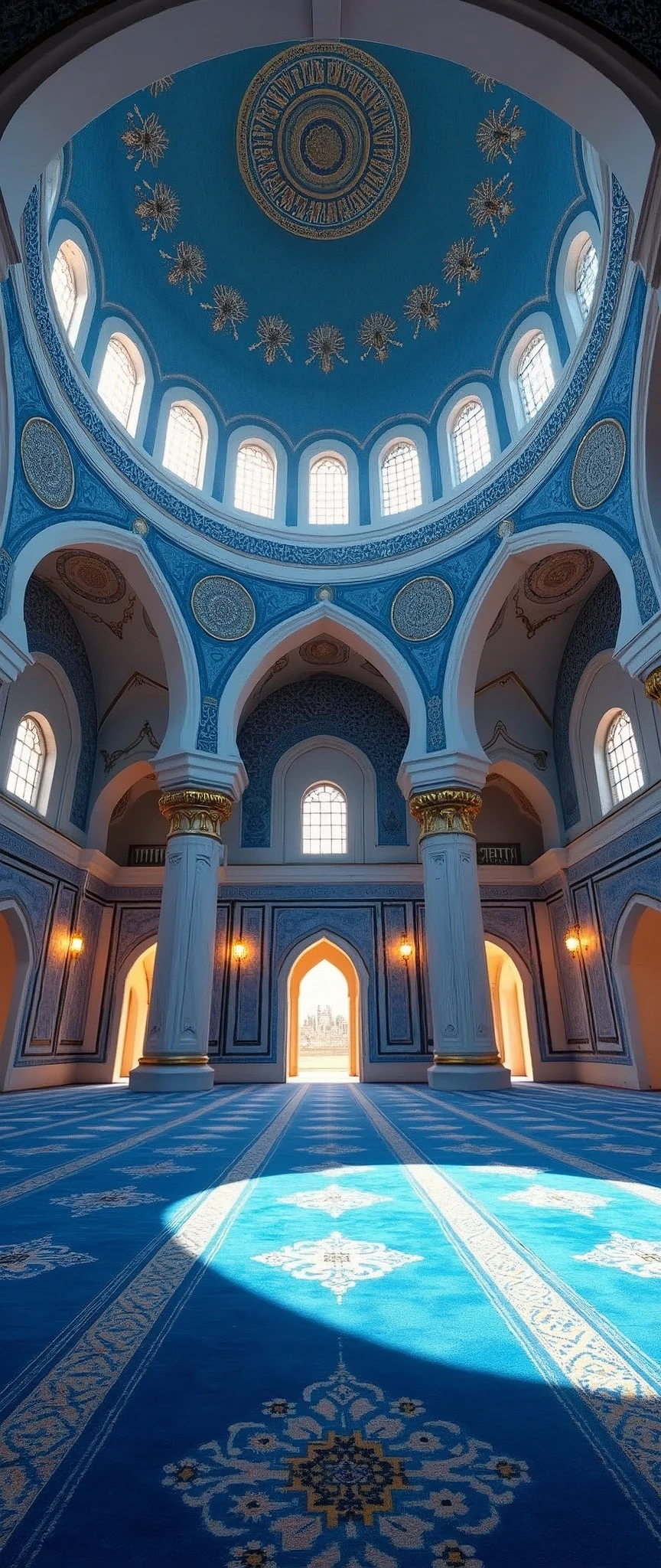 (masterpiece:1.2,Highest quality,Ultra-high resolution,Super detailed,Photorealistic,RAW Photos:1.2,Elaborate photos),(Beautiful mosque room),8k,wallpaper,(Ray Tracing),(Beautiful arabesque carpet),(A large dome with beautiful arabesque patterns),(A large mosque room with a blue theme),dynamic