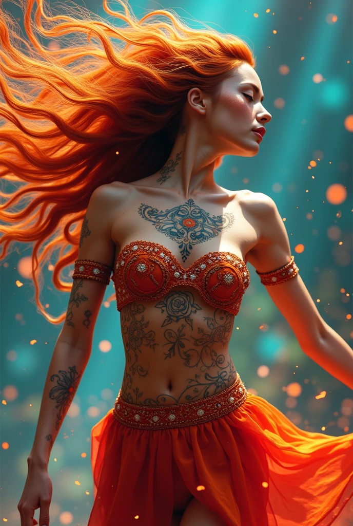 A Red hair dancer with beauty that radiates vitality amidst a kaleidoscope of colors as she strikes a dynamic dance pose, her Timbalada-inspired body art coming alive with every stroke of the brush. no blemished light flawless skin, while vibrant hues and clever use of light and shadow dance across the canvas, capturing the essence of this stunning woman over mere physical form., retina, accurate, masterpiece, super detail, high details, best quality, award winning, highres, HD, 4K, 8k, 16k, retina, accurate, masterpiece, anatomically correct, textured skin, super detail, high quality, award winning, highres, 8k, 16k