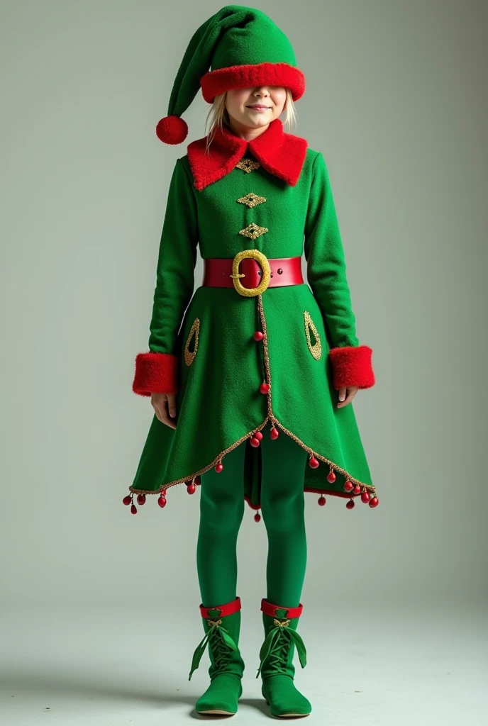 Christmas Green Elf Costume Design Concept： Combining traditional Christmas elements with the mysterious image of the Green Elf，Create a unique and festive Christmas green elf costume。

Design elements：

Selection of color： The main color is green，Paired with gold、Red and other Christmas colors，Highlight the Christmas theme。
Green Elf Model： Uniquely designed green elf costume，may include a hat with a bell、Green  or skirt，Green socks, etc.。
Christmas elements： Adding Christmas tree patterns to clothing、snowflake、礼物盒等常见的Christmas elements，Add to the festive atmosphere。
Dramatic design： You can consider the neckline、cuff、Add tassels to the hem of the skirt、褶皱等Dramatic design，Make clothing more distinctive。

