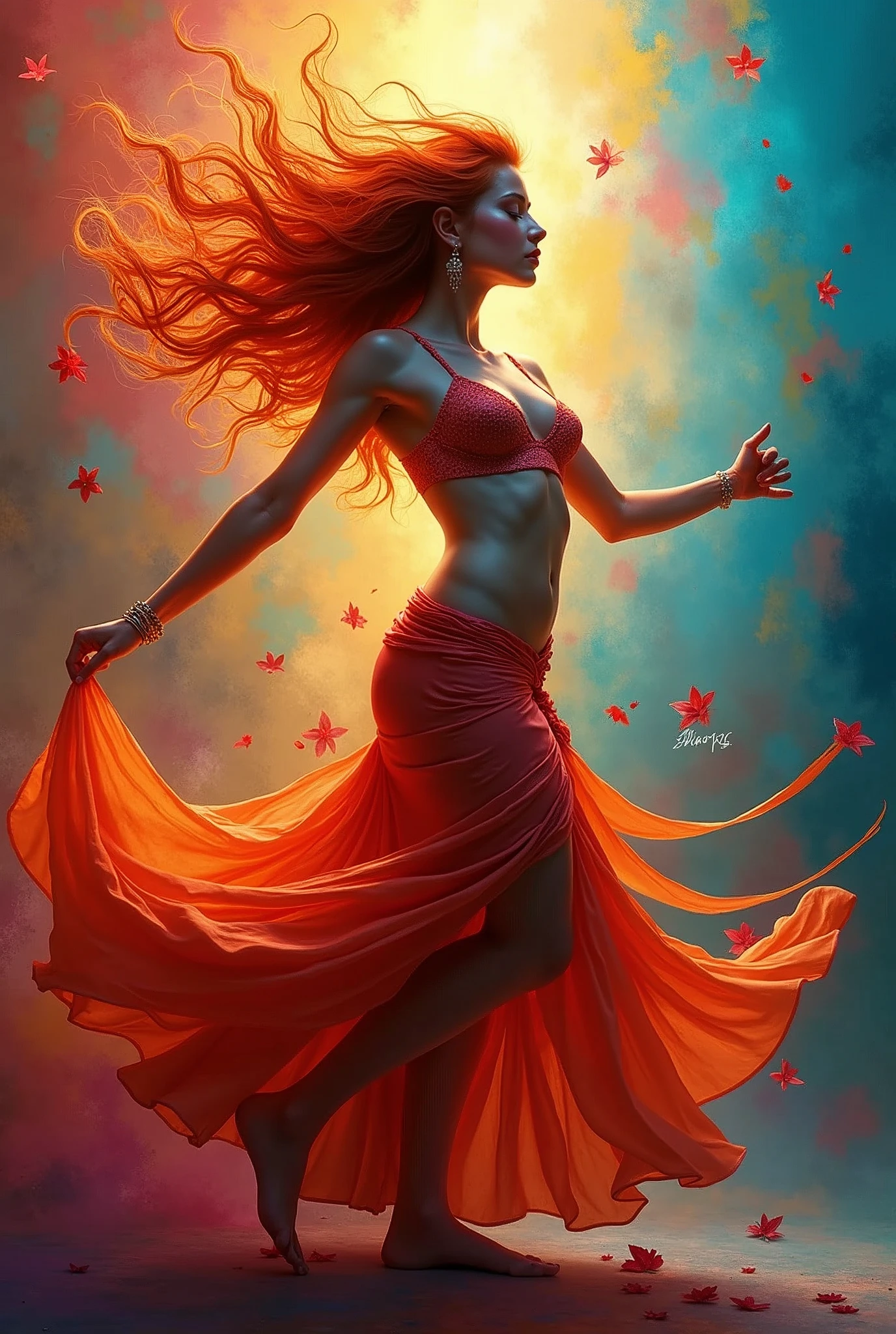 A Red hair dancer with beauty that radiates vitality amidst a kaleidoscope of colors as she strikes a dynamic dance pose, her Timbalada-inspired body art coming alive with every stroke of the brush. no blemished light flawless skin, while vibrant hues and clever use of light and shadow dance across the canvas, capturing the essence of this stunning woman over mere physical form., retina, accurate, masterpiece, super detail, high details, best quality, award winning, highres, HD, 4K, 8k, 16k, retina, accurate, masterpiece, anatomically correct, textured skin, super detail, high quality, award winning, highres, 8k, 16k