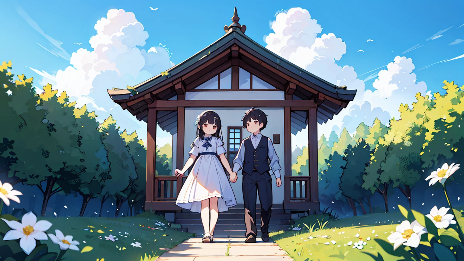 (걸작, 최고의 품질),Create an image of a couple holding hands, walking up a set of stairs towards a beautiful blue sky with fluffy clouds. The scene conveys a sense of romance and connection, integrated into the sky as if part of the cloudscape. The ground is covered with lush green grass and dotted with white flowers, enhancing the dreamy and serene atmosphere. 등장인물은 상세하게 그린다 눈 코 입 얼굴 자세히 보이게,상체