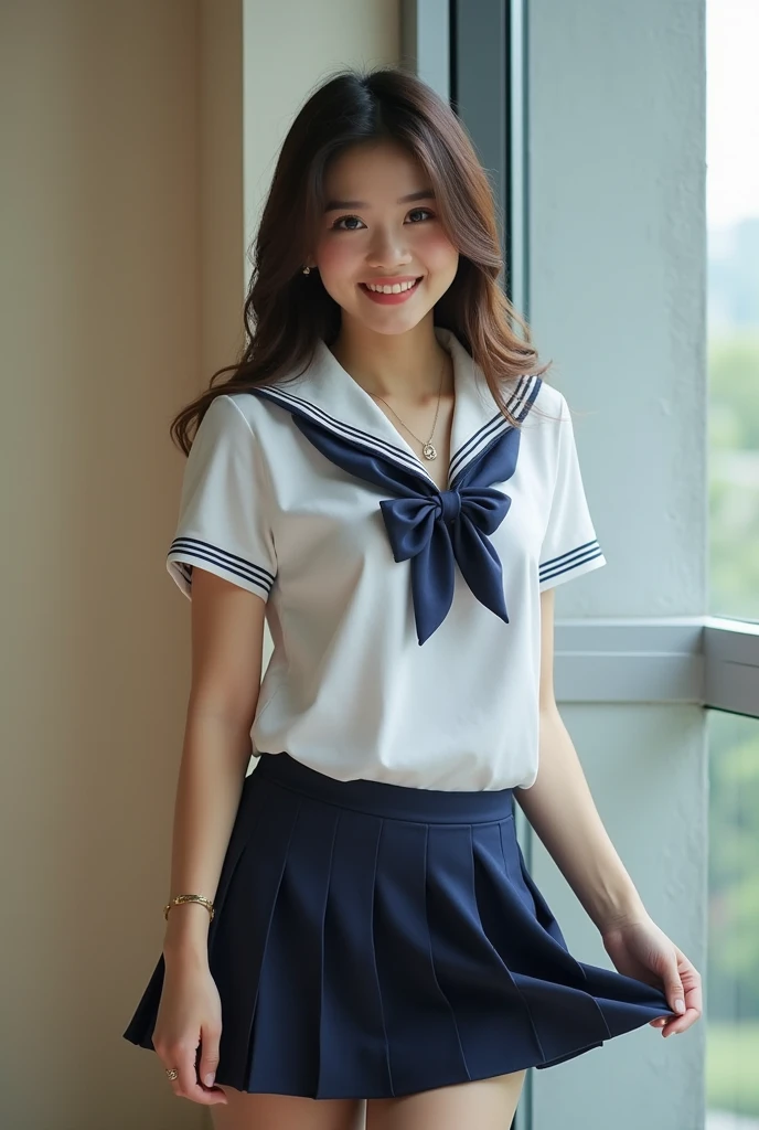 Very attractive 20 year old woman in school uniform, Asian features picking something up while lifting her skirt, you can see under the skirt