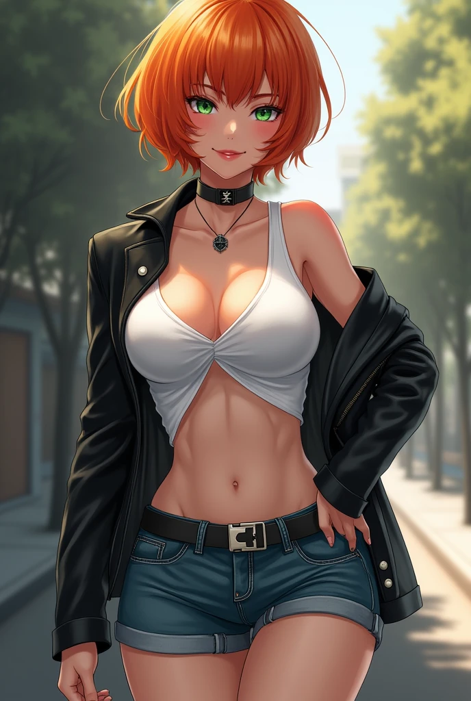 (masterpiece), Best quality, ultra detailed, 1 girl (Gwendolyn_Tennyson, breast, orange hair, short hair, green eyes, half-closed eyes), seductive face, evil smile, parted lips, facing the viewer, I look at the viewer, One, Black jacket, leather jacket,undress, nude one shoulder, white tank_vertex, split, Navel, denim short shorts, on open air, street, standing, Sexy waist tease , provocative pose