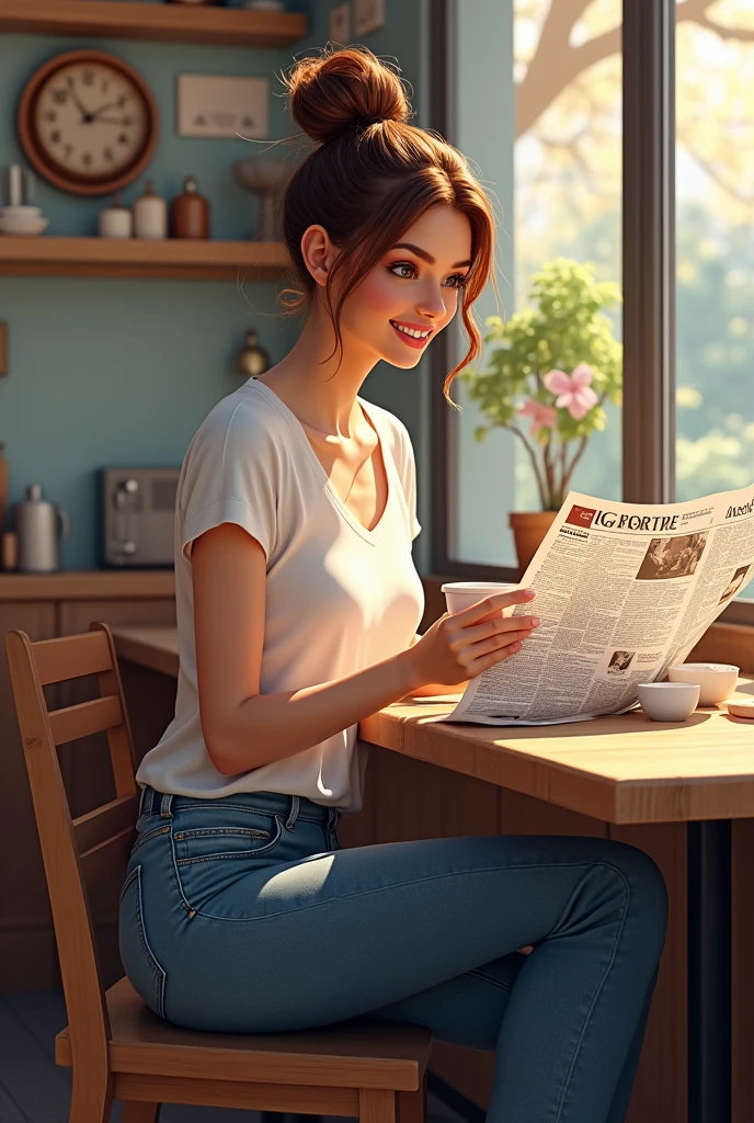 (best quality ),(masterpiece),(ultra detailed), ultra high res, (super fine illustration),Casual breakfast style, jeans and t-shirt.
Smiling while holding a coffee cup and reading a newspaper at a table in a cafe.
A pose that expresses the calm morning atmosphere and cafe culture. , (concept art by Carne Griffiths ) ,stunningly noble, stunningly beautiful ,absurdres,3d render, octane render, approaching perfection , highly detailed clothes ,intricately detailed ,8 life size  ,thicc body ,perfect anatomy ,well groomed face ,highly detailed beautiful hair , highly detailed hairstyle, symmetrical and balanced, beautiful gradient , sharp focus, 4k resolution, portrait ratio, Centered image, Beautiful Composition, symmetrical and balanced,