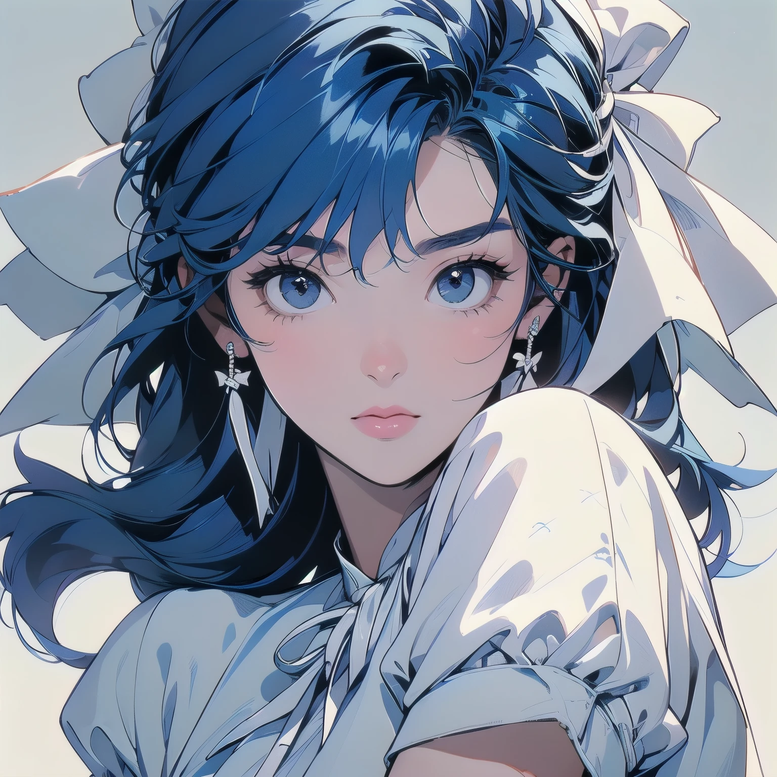 Trigun、Persona、Beautiful woman, Upper Body、Model Pose、mysterious、Small breasts、Short sleeve、(((blue hair))),Angel、(((Wear a white cloth on your head)))、detailed hair,Fluffy cloth、(((Big white ribbon)))