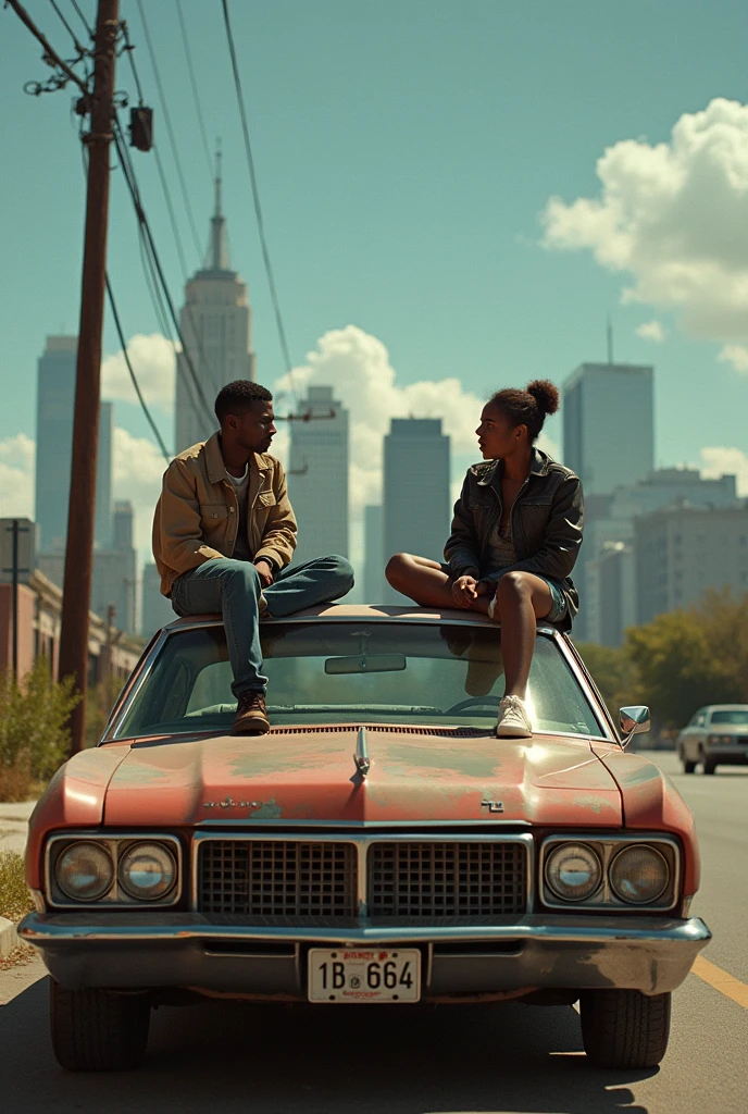 A couple of friends from the 90s sitting on the hood of a vintage car., Sharing stories, with the city skyline in the background, Inspired by the works of Jean-Michel Basquiat and Edward Hopper, cinematographic composition.