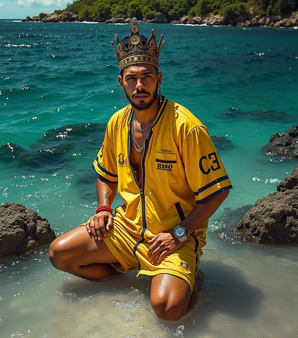 Island background with name deeprince printed on the shirt