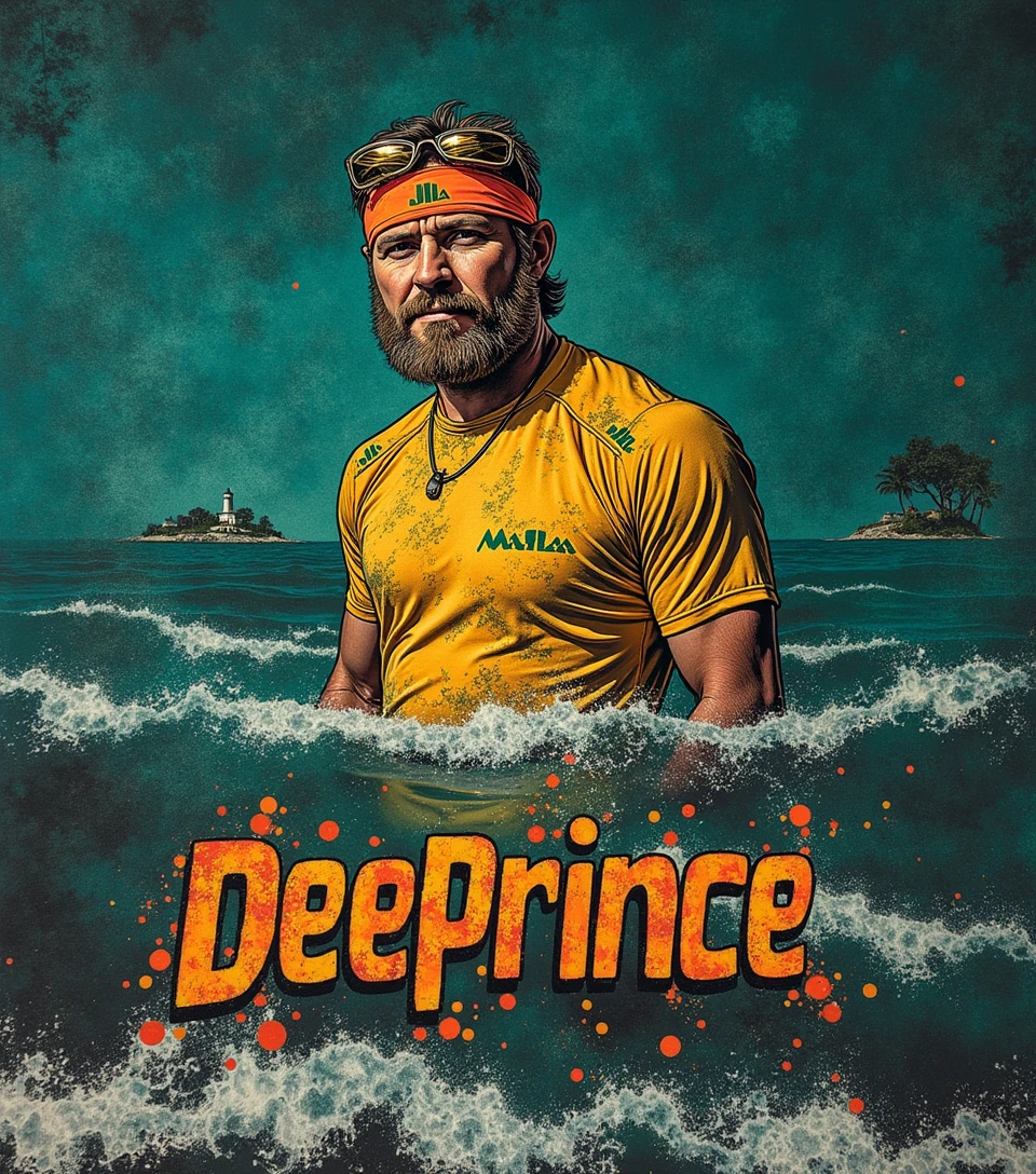 Island background with name deeprince printed on the shirt
