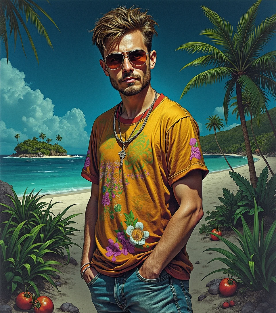 Island background with name deeprince printed on the shirt