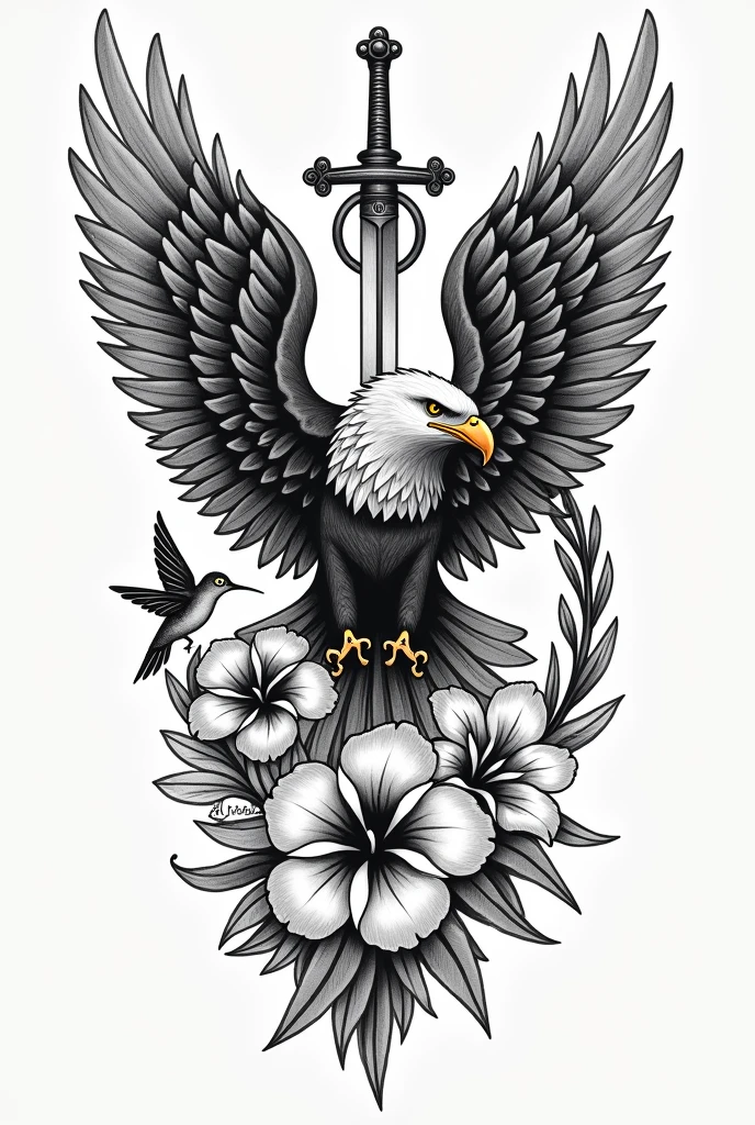 Hi, I want you to generate an image of a tattoo I want to get. I want the tattoo on my forearm, so it has to be a little small or fit in the space on my forearm. I want it to contain an eagle, olive branches, a sword, a hummingbird, a hibiscus flower and lilies (it's important that it has all the elements) and I would like the style of the tattoo to be in black and grey.