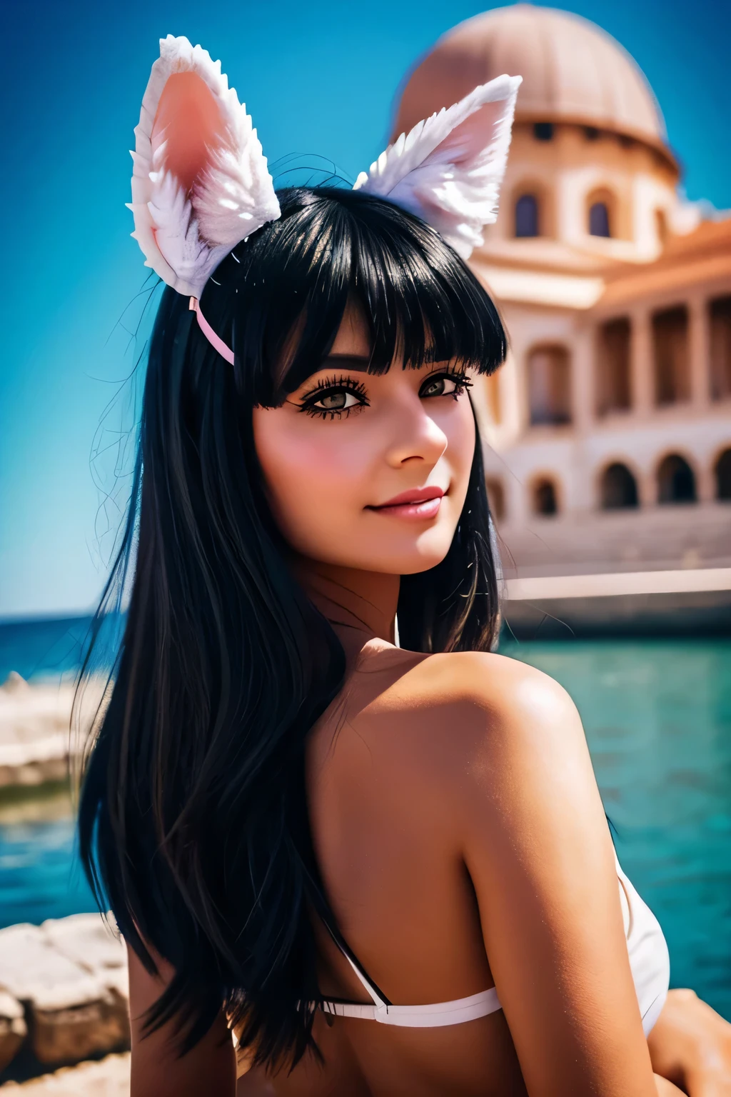 black hair, tousled hair, Shudder, long eyelashes, eyes all circled, animal ears, slight smile, blush behind the ears, fang, Surrealism, shadows, anaglyph, stereogram, thaci-i, atmospheric perspective, super detail, definition, Best quality, ass pov, 8k