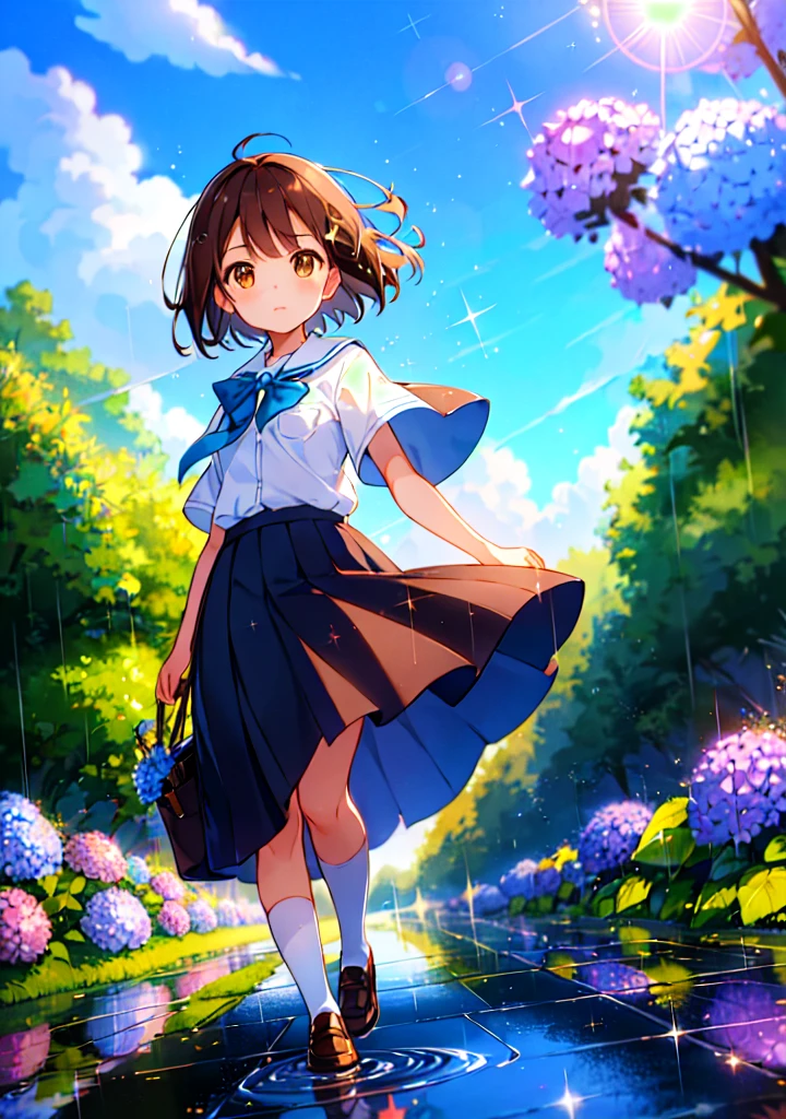 (solo), cute little (1girl) walking,path,[from below:1.2],brown hair,sine short hair,brown eyes,puddle,Water Reflection,rain,floating water drop,hydrangea,(blurry foreground),dynamic angle,asphalt,(blue sky),lens flare,school uniform,(glitter:1.2)