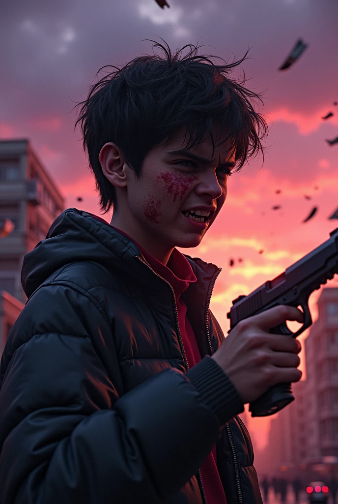 Angry innocent adult Boy broken totally modern pistol in his hand and face is full of blood shit in urban area evening time sky occur purple,pink and orange color back cenematic view