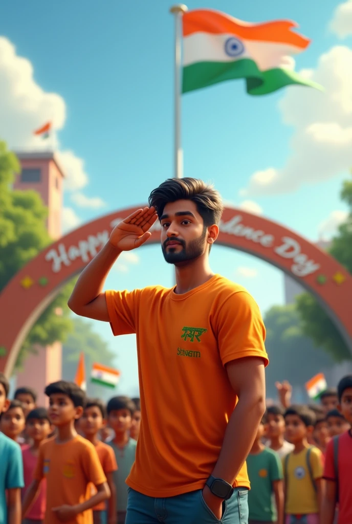 In a bustling town square, 18-year-old Vikram salutes the Indian flag as it's being hoisted. He's wearing a saffron t-shirt with "shivam" embroidered in green on the sleeve. Around him, a diverse group of children wave small flags. A decorative arch in the background says "Happy Independence Day". 4K image.