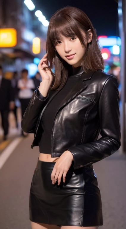 (((Yumikanoku))),((Highest quality, 8k, masterpiece :1.3)), One Girl, smile, whole body, Slim face, Beautiful woman, (Dark brown hair), ((Leather black suit,Black short tight skirt)), Highly detailed face, Detailed eyes, double eyelid,  Bokeh Background, Slim face, City of night, Neon Light,outside, Tokyo Street,Japan