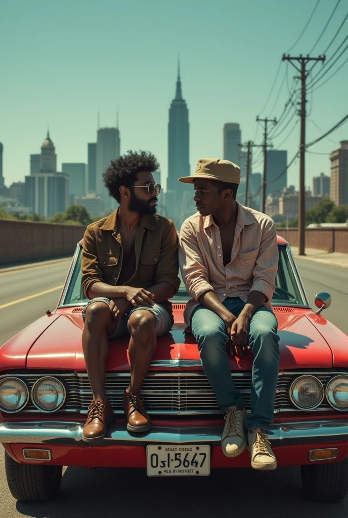 A couple of friends from the 90s sitting on the hood of a vintage car., Sharing stories, with the city skyline in the background, Inspired by the works of Jean-Michel Basquiat and Edward Hopper, cinematographic composition.