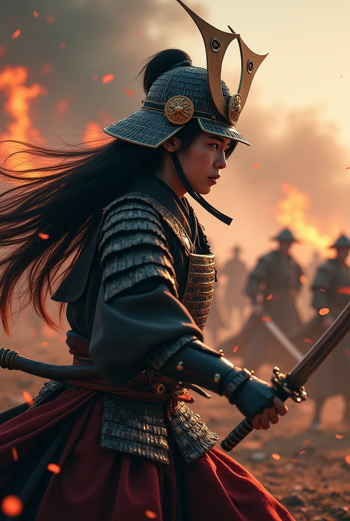 Japan Female Samurai、Female warriors of the Sengoku period、Put on a helmet、Intense battle scenes、There are a lot of people fighting around、There are flames all around、Presence。Genuine、Genuine、25Year、Black Hair