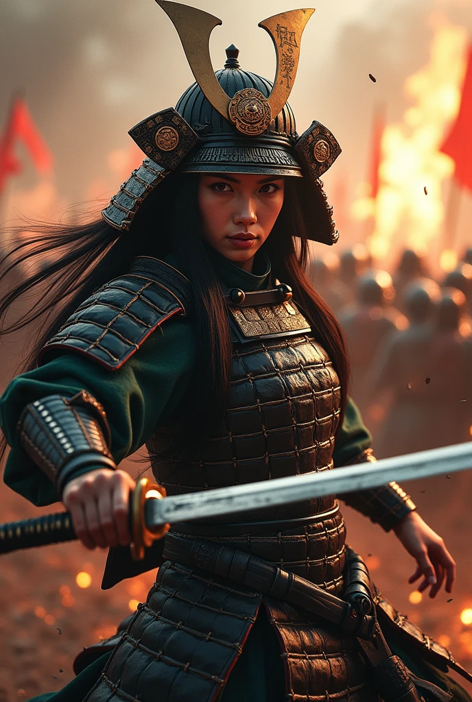 Japan Female Samurai、Female warriors of the Sengoku period、Put on a helmet、Intense battle scenes、There are a lot of people fighting around、There are flames all around、Presence。Genuine、Genuine、25Year、Black Hair