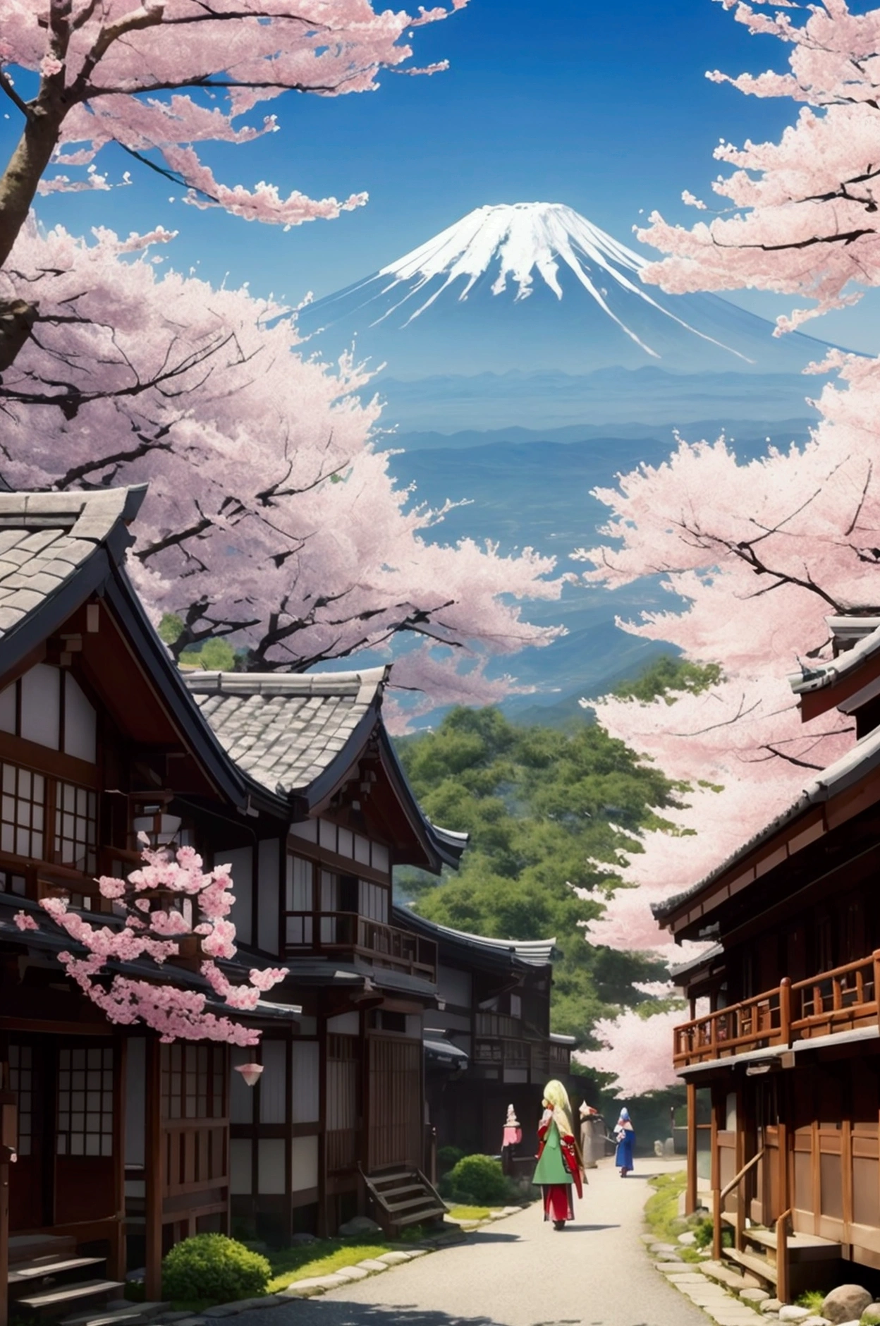 Mount Fuji, cherry blossoms and elves, Japan, Beautiful elven woman, Professional Lighting, 8k, masterpiece, ears are long and pointed, Blonde Hair, Beautiful blue eyes, Fantasy Characters, Big eyes, A happy look, Walking along the path leading to Mount Fuji, Fantasy clothing, Anime elves in a real-life setting, ears are long and pointed