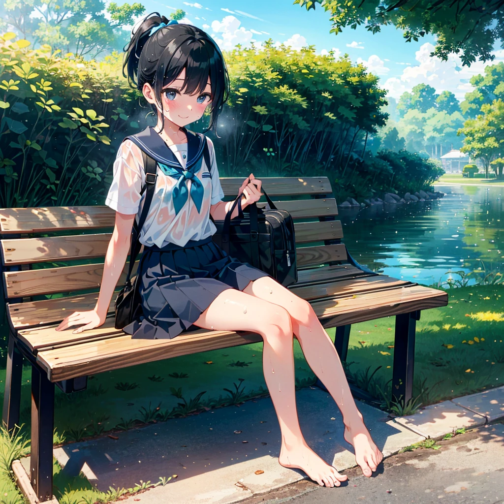 Japanese woman,, black hair, short ponytail, flat bangs, blush,smile,white blouse,(((barefoot))),navy skirt,(school bag with a smartphone inside), sweating (sweat level: 1.3), wet clothes, wet hair, sitting on a bench in a green park, blue sky,drinking water from a blue plastic water bottle