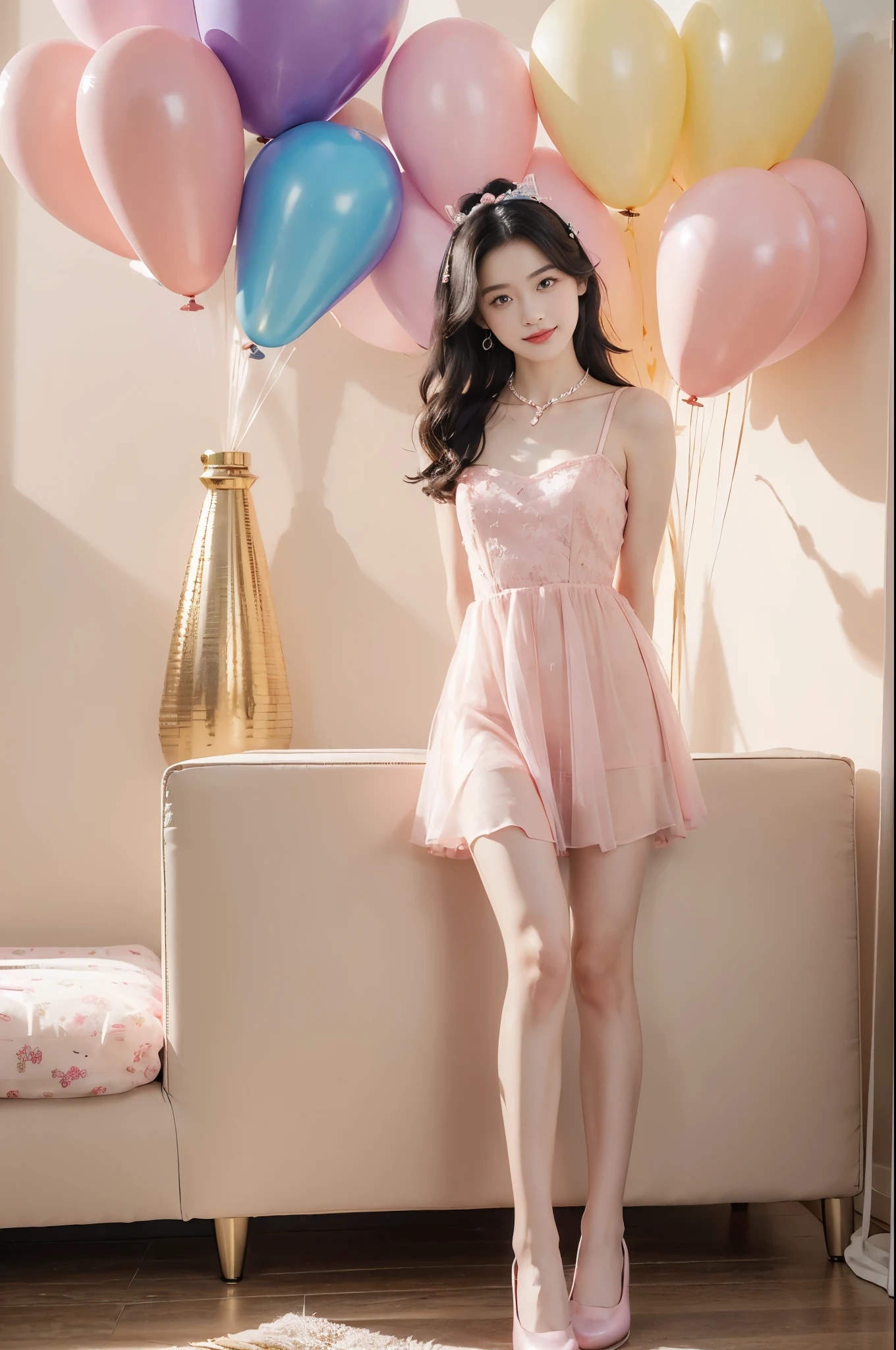 (((best quality))),(((ultra detailed))),(((masterpiece))),illustration,((1girl,solo)),(shoulder-length straight bob:0.8),(black hair:1.3),((bright eyes,flawless skin)),((slim,thin)),((small breasts,flat chest)),(dog collar with a bell:1.2),(pink sheer dress:1.3),(slender legs:1.2),(loafers:1.2),sweetheart neckline,innocent yet alluring,(In a pink princess theme bedroom:1.3),(standing:1.3),(arms behind back:1.3),(colorful gift box:1.3),wonderful expression,big bows,festive atmosphere,balloons and streamers,sunlight streaming in,radiant smile,anticipation,joy and excitement,capturing a moment of pure happiness,((from front,full body))