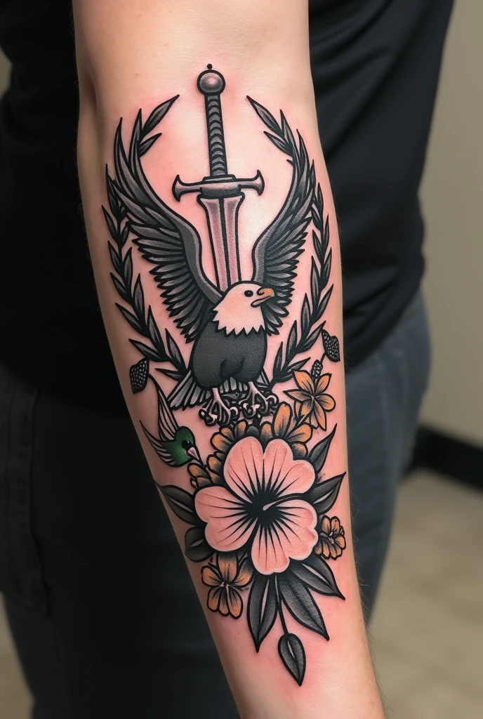 Hi, I want you to generate an image of a tattoo I want to get. I want the tattoo on my forearm, so it has to be a little small or fit in the space on my forearm. I want it to contain an eagle, olive branches, a sword, a hummingbird, a hibiscus flower and lilies (it's important that it has all the elements) and I would like the style of the tattoo to be in black and grey.