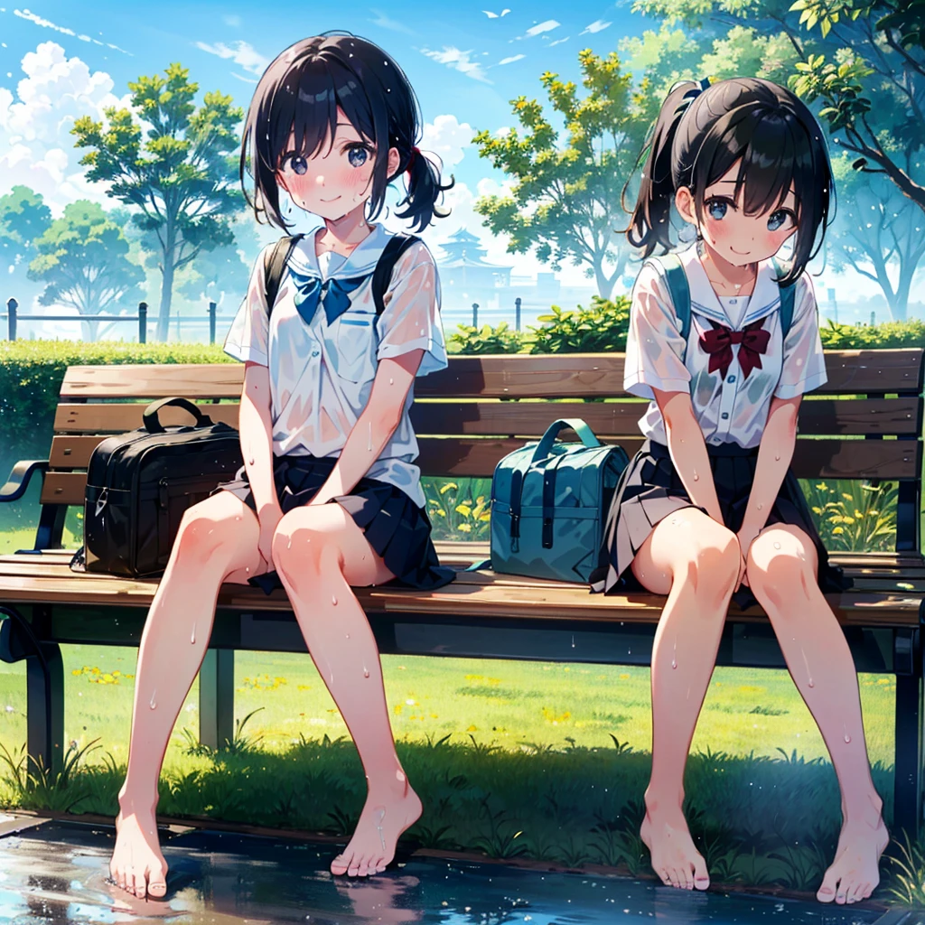 Japanese woman,, black hair, short ponytail, flat bangs, blush,smile,white blouse,(((barefoot))),navy skirt,(school bag with a smartphone inside), sweating (sweat level: 1.3), wet clothes, wet hair, sitting on a bench in a green park, blue sky,drinking water from a blue plastic water bottle