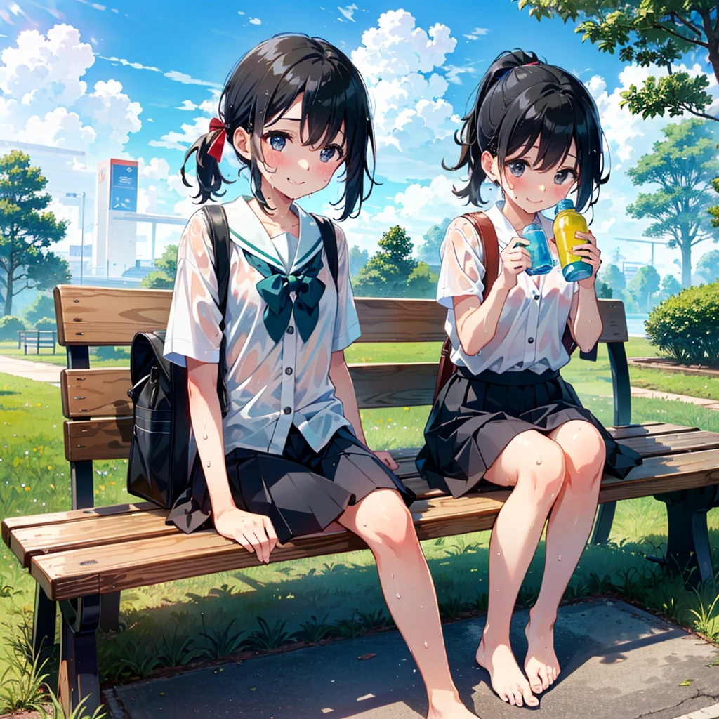 Japanese woman,, black hair, short ponytail, flat bangs, blush,smile,white blouse,(((barefoot))),navy skirt,(school bag with a smartphone inside), sweating (sweat level: 1.3), wet clothes, wet hair, sitting on a bench in a green park, blue sky,drinking water from a blue plastic water bottle
