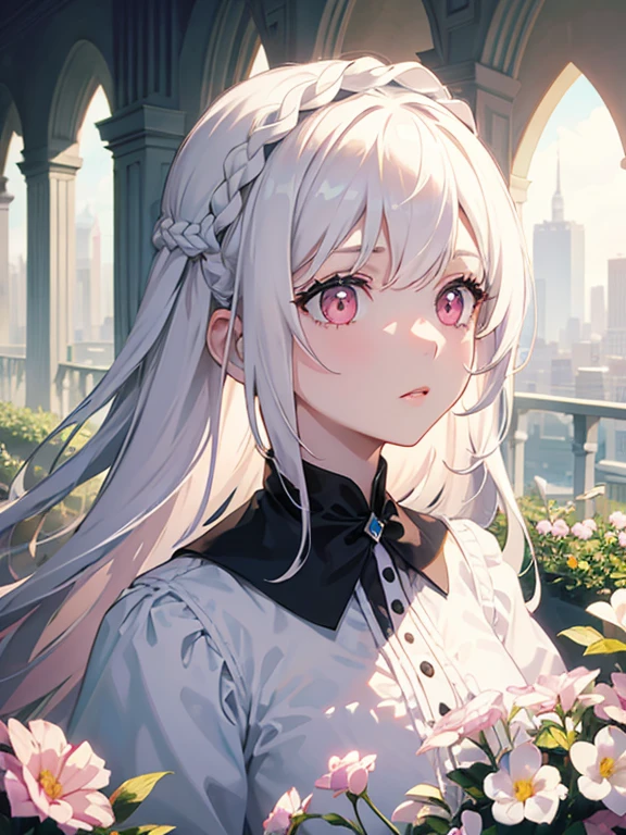 One girl, White medium hair, Center parted hair, White Dress, (Detailed pupils, Pale pink eyes,Symmetrical eyes )Black thin ribbon, garden, noon, city, blue sky, beautiful, Dramatic Light, Strong Shadows, Nice views, Depth of written boundary, Cinema Lighting, ((masterpiece)), Attention to detail, high quality, 最high quality, High resolution, Staring at the audience,Absurd