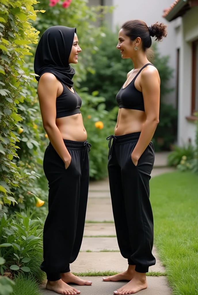 with black headscarf, barefoot, black sweatpants, braless woman talking to male neighbor in her garden