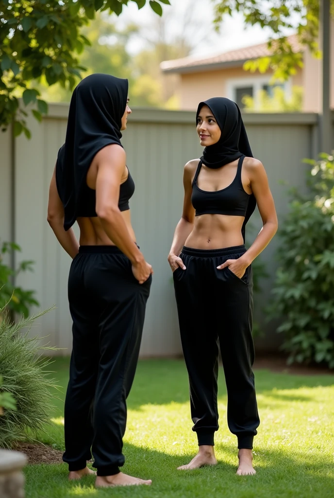Black headscarf on the beach, black sweatpants, barefoot, Sexy skinny woman tied to a pole by 2 men and they are touching her. Another man sits and watches them.