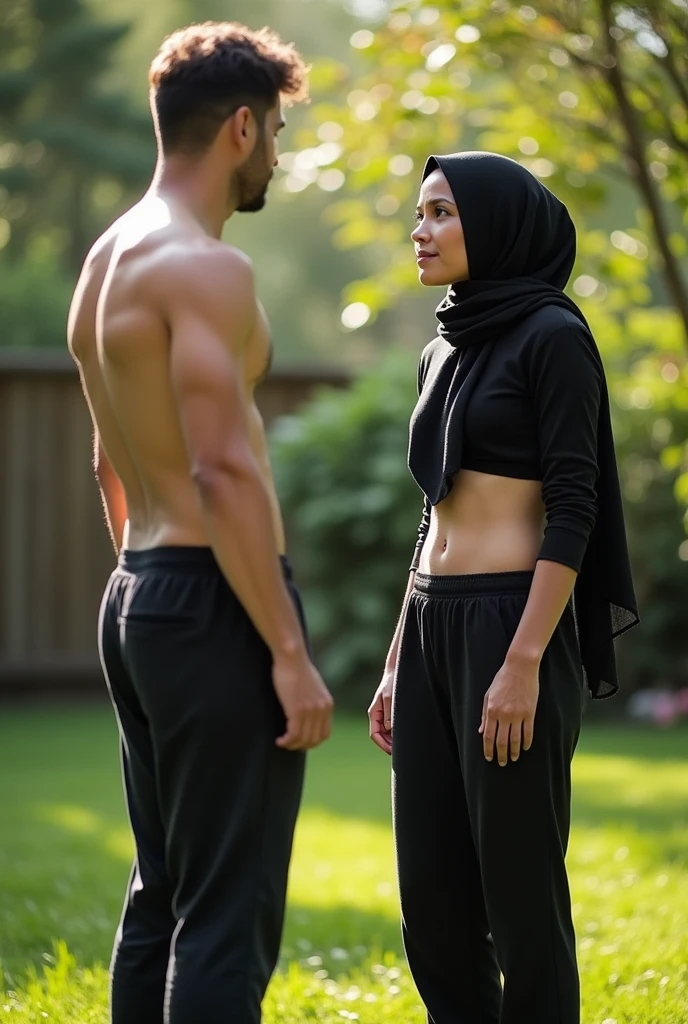 with black headscarf, barefoot, black sweatpants, braless woman talking to male neighbor in her garden