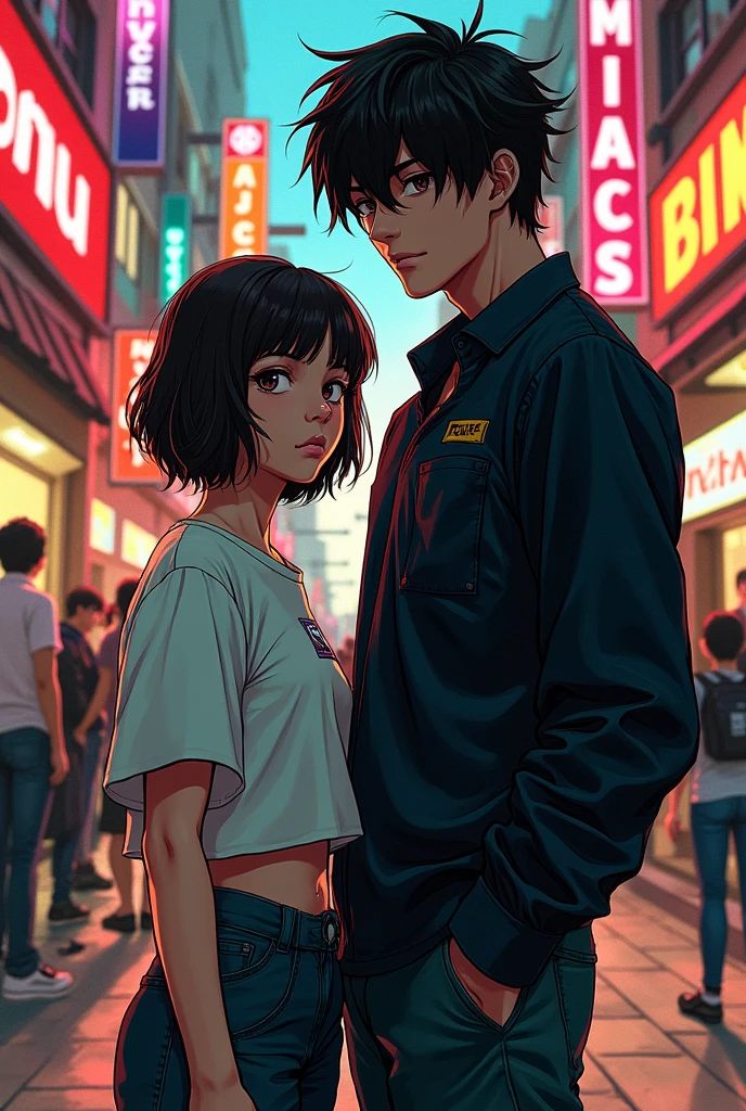 A couple in Tokyo revengers manga art style, short girl tall boy