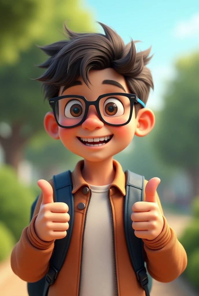 A boy wearing glasses with a backpack realstic with thumbs up smiling
