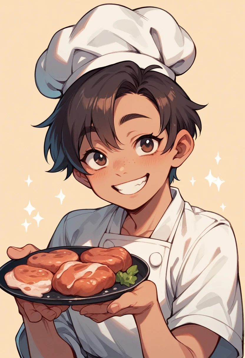 satisfied old chef proud on his slowly cooked meat, with smile on his face