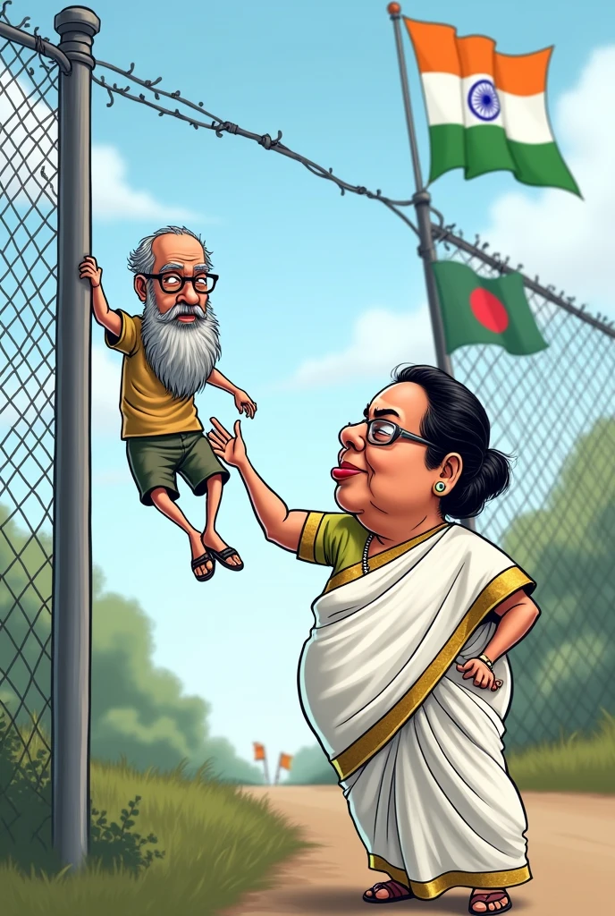 Mamta benergee in at bangladesh boarder wearing white saree and remove the bar hanging rope taken the bangladeshi man hanging over the fencing wire and show her hand to bangaladeshi man with big beard hand grab him over the fencing with mercy hand given him into the Indian boarder funny image cartoon character
This is the good image you provide more image provide please the man hanging from outer side please show fatty Mamta benergee
Look like a pure Mamta benergee face provide please shown indian and bangladeshi flag over the fencing yes same we need same charector of mamta bangaladeshi old man show outer side from the fencing Mamta in white Bengali saree the man entered from fencing down side show the image cutting fencing wire and the man entered the boarder lay down position