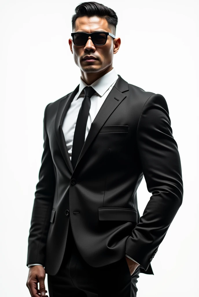 Asian strong buff man side view(He is strong,buff,confident, wears a suit and sunglasses and look fearless.)with white background