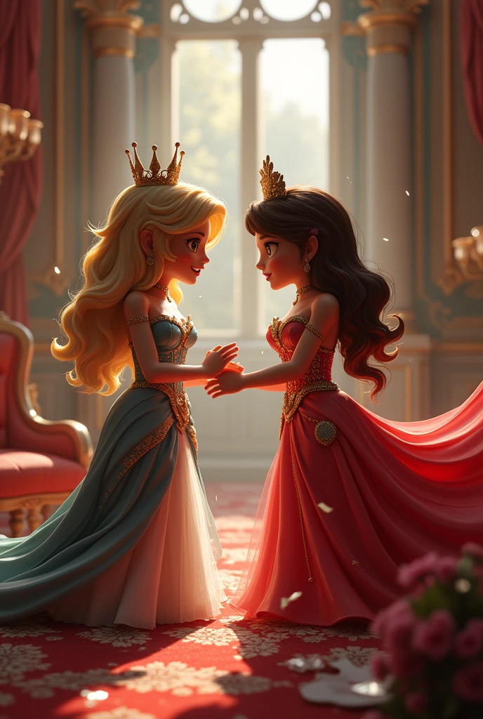 drawing of a cover about royalty about two princesses where one steals the other's boyfriend very angry they fight in a very Roblox style